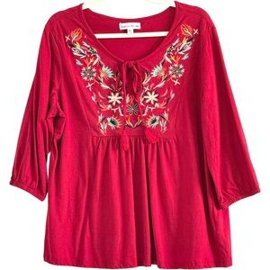 Rebecca Malone Red Embroidered Tie-Front Tunic